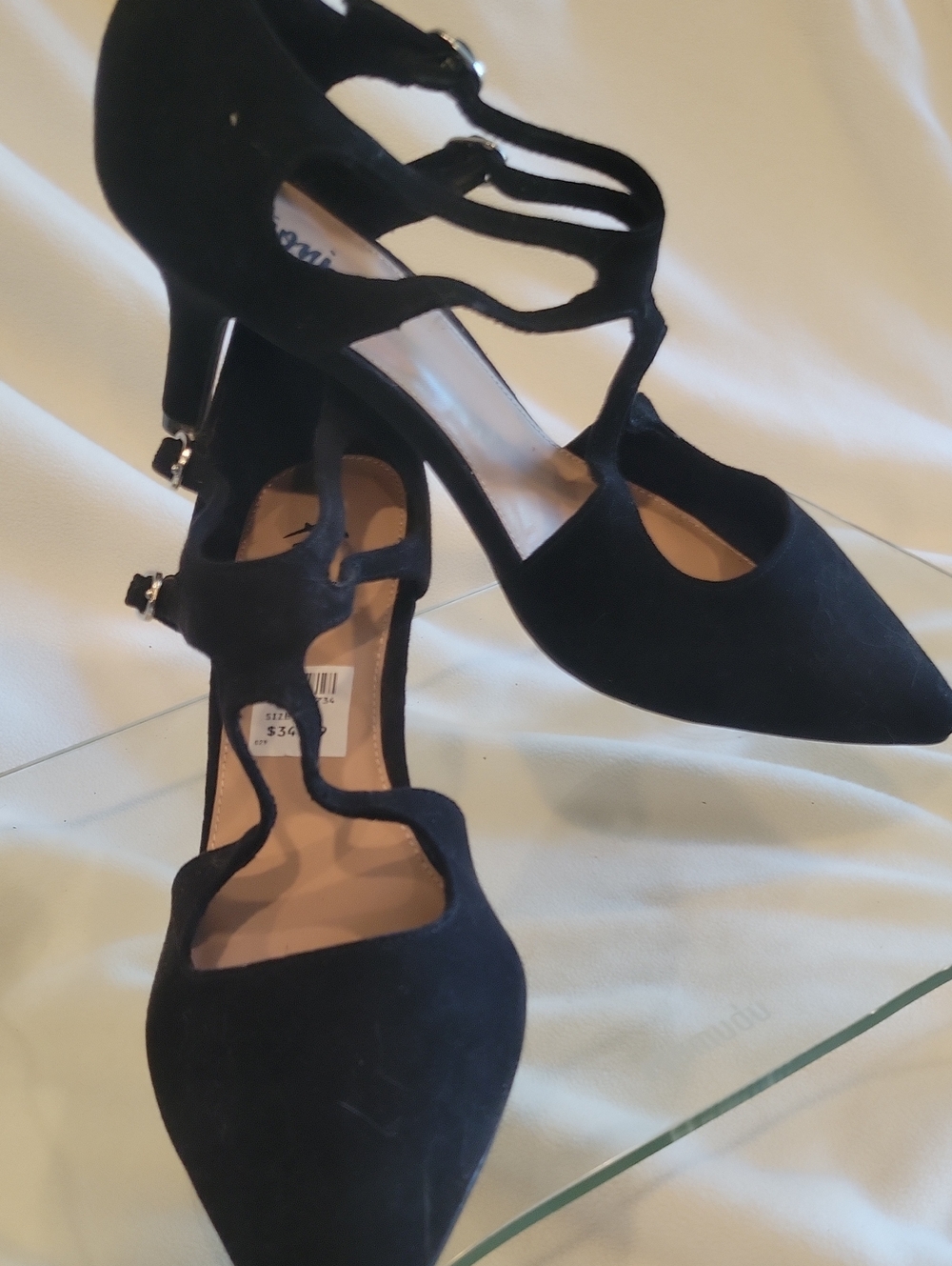 FIONI Suede Like Black Pointed-Toe Strappy T-Strap Heels Sz 8.5 New Never Worn!
